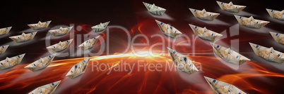 Group of Paper money dollar boats in fire