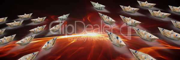 Group of Paper money dollar boats in fire