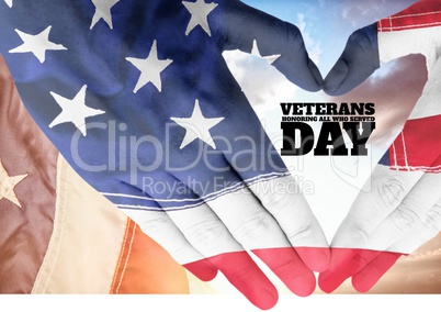 Veterans day, flag usa on hands with text