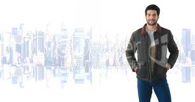 Man wearing coat with bright city background