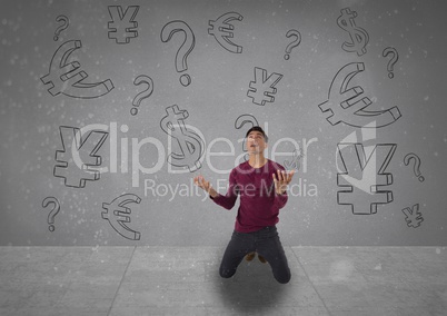 businessman desperate in front of money on wall