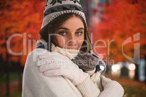 Composite image of portrait of young woman in sweater