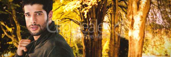 Composite image of portrait of stylish man posing over white background