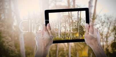 Composite image of cropped hand holding digital tablet