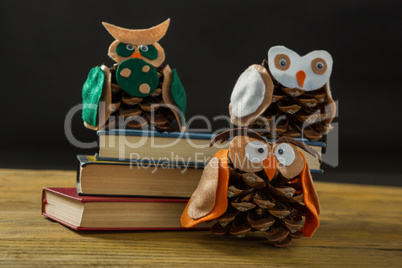 Close up of owls made with pine cones on books