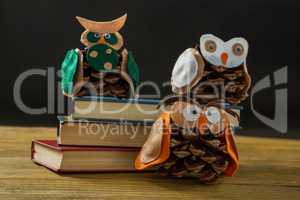 Close up of owls made with pine cones on books