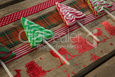 High angle view of colorful mint candies