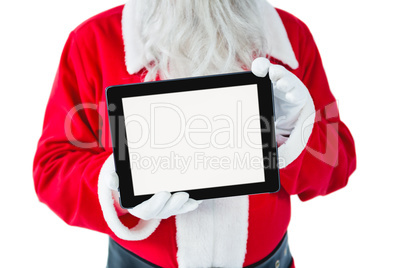 Mid-section of Santa Claus holding digital tablet