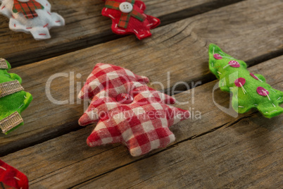 High angle view of various Christmas tree decoration