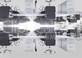 Inverted office in clouds with flare