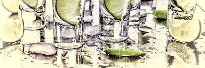 Selective focus. Gin tonic with lime wedges