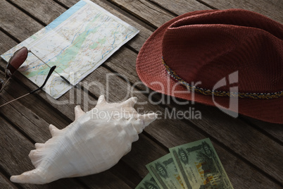 Map, hat, seashell, currency notes and sunglasses on wooden plank