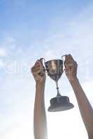 Hand holding a trophy against sky and cloud