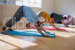 instructor with students practicing downward facing dog pose in yoga studio
