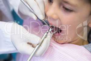 Dentist examining boy at clinic