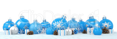 3d render - blue and silver christmas baubles over white backgro