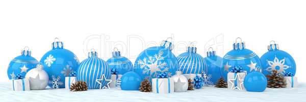 3d render - blue and silver christmas baubles over white backgro