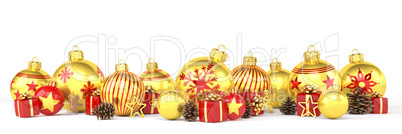 3d render - golden and red christmas baubles over white backgrou