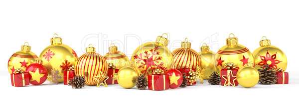 3d render - golden and red christmas baubles over white backgrou
