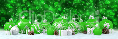 3d render - green and silver christmas baubles over bokeh backgr