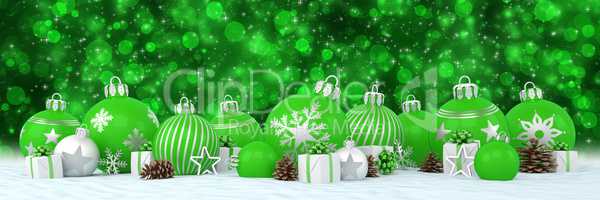 3d render - green and silver christmas baubles over bokeh backgr