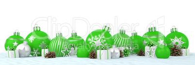 3d render - green and silver christmas baubles over white backgr
