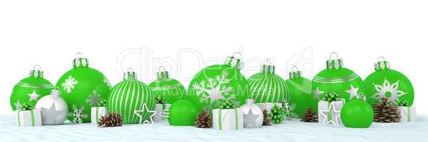 3d render - green and silver christmas baubles over white backgr