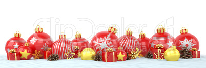 3d render - red and golden christmas baubles over white backgrou