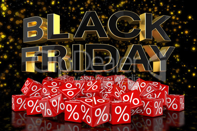 3d render - red cubes with percentage - black friday - golden bo