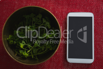 Corianders in bowl with mobile phone on place mat