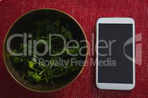 Corianders in bowl with mobile phone on place mat