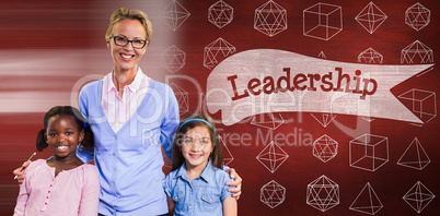Composite image of portrait of happy teacher with students