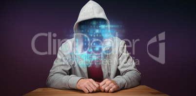 Composite image of robber sitting at table