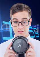 Nerd business man holding a clock against background with clock