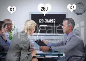 Business people working on tablet with Shares and likes status bars at meeting