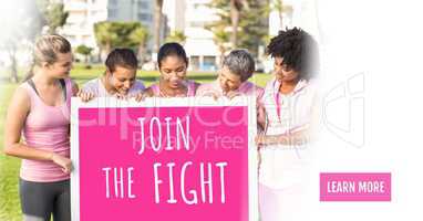 Learn more button with Join the fight text and pink breast cancer awareness women holding card