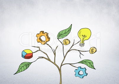 Drawing of Business graphics on plant branches on wall