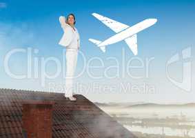 Plane icon and Businesswoman standing on Roof with chimney and landscape