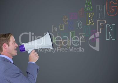 man speaking by the  megaphone with colour letters coming up from that