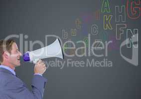 man speaking by the  megaphone with colour letters coming up from that