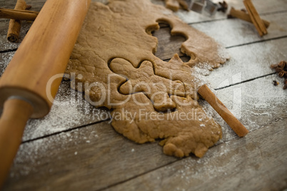 Close up of dough with rolling pin