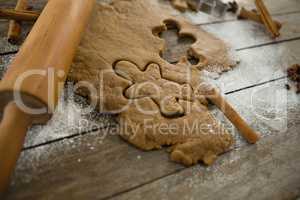 Close up of dough with rolling pin