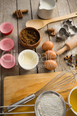 High angle view of utensils and ingredients