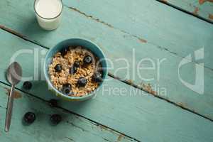 Bowl of cereals and blueberries with glass of milk for breakfast