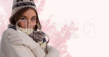 Woman in Autum with hat scarf and gloves with bright tree