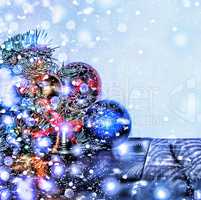 New Year, Christmas. Christmas decorations, multi-colored balls and gifts with a Christmas tree on a wooden background with a copy of the free space