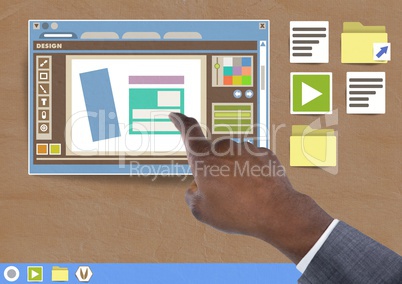 Hand touching Design editor window and Folder and files icons on Paper cut out desktop