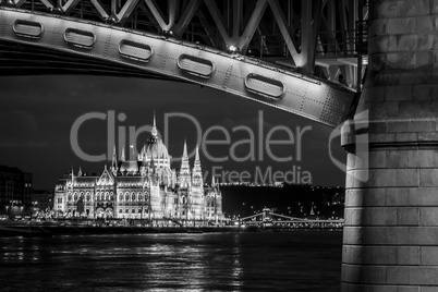 Budapest, capital of Hungary, black and white night panorama.
