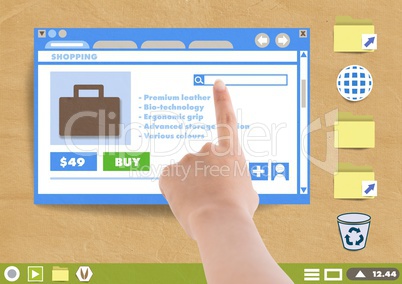 Hand touching Shopping website window and Folder and files icons on Paper cut out desktop