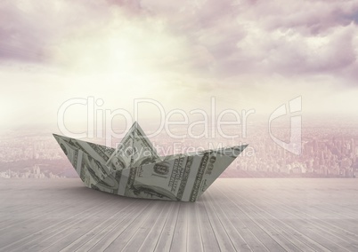 Paper money dollar boat in city clouds